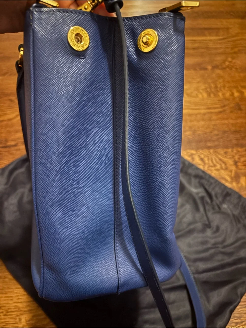 Prada Navy Saffiano Leather Satchel with Gold Hardware